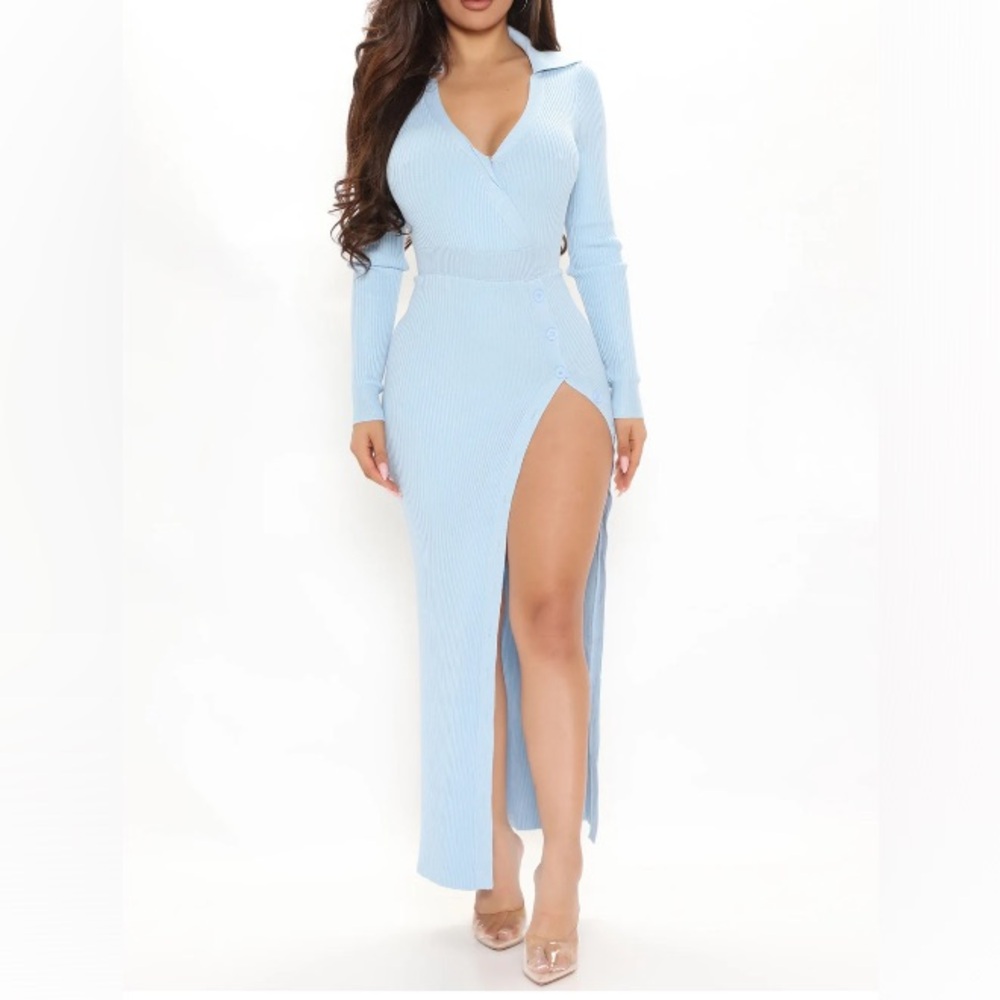 Fashion Nova S Blue Ribbed Knit Sweater Dres Collar Long Sleeve Button Down Midi